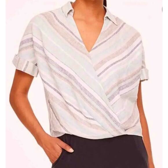 NEW Loft Outlet Blouse Women S Light Blue Striped Linen Blend Coastal Neutral - Picture 3 of 8